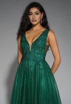 A-line V-Neck Regular Straps Floor Length Prom Dresses Sleeveless Applique Affordable Evening Dresses