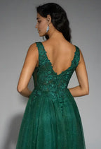 A-line V-Neck Regular Straps Floor Length Prom Dresses Sleeveless Applique Affordable Evening Dresses