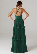 A-line V-Neck Spaghetti Straps Floor Length Evening Dresses Sleeveless Vintage Tiered Pleat Beautiful Floor Length Prom Dresses