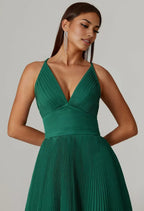 A-line V-Neck Spaghetti Straps Floor Length Evening Dresses Sleeveless Vintage Tiered Pleat Beautiful Floor Length Prom Dresses