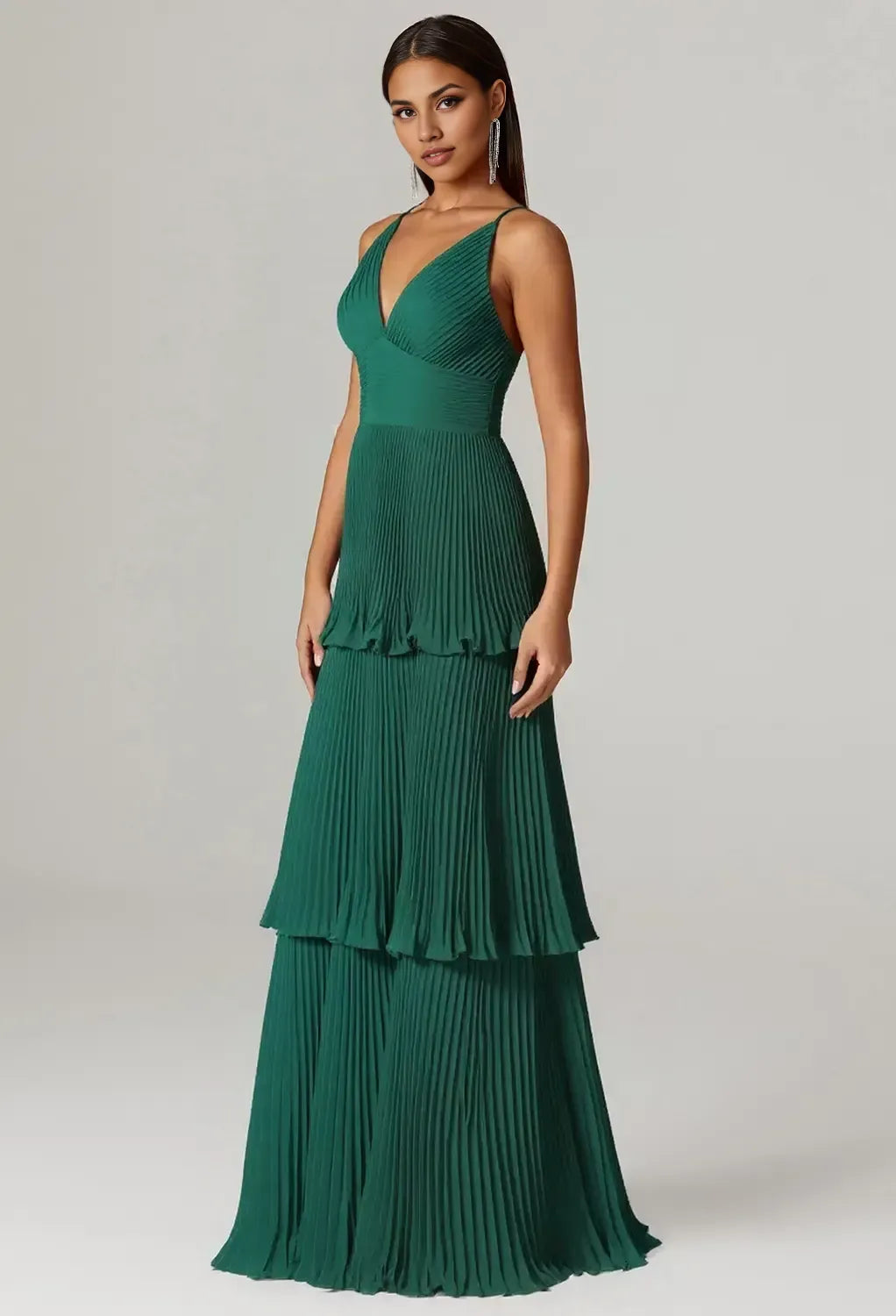 A-line V-Neck Spaghetti Straps Floor Length Evening Dresses Sleeveless Vintage Tiered Pleat Beautiful Floor Length Prom Dresses