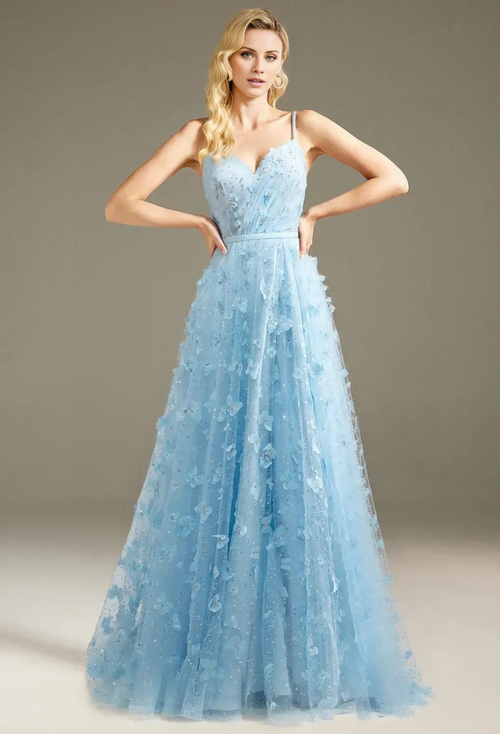 A-line V-Neck Spaghetti Straps Floor Length Evening Dresses Sleeveless 3D Floral Embroidered Affordable Strapless Prom Dresses
