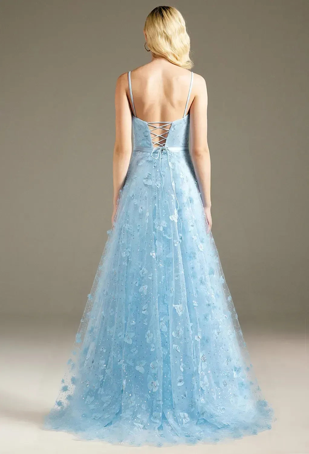 A-line V-Neck Spaghetti Straps Floor Length Evening Dresses Sleeveless 3D Floral Embroidered Affordable Strapless Prom Dresses