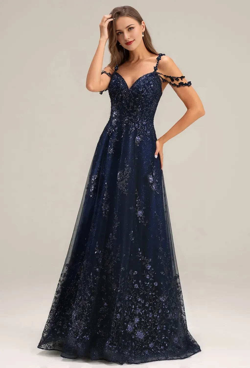 A-line V-Neck Spaghetti Straps Floor Length Evening Dresses Sleeveless Appliques Affordable Strapless Prom Dresses