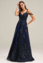 A-line V-Neck Spaghetti Straps Floor Length Evening Dresses Sleeveless Appliques Affordable Strapless Prom Dresses