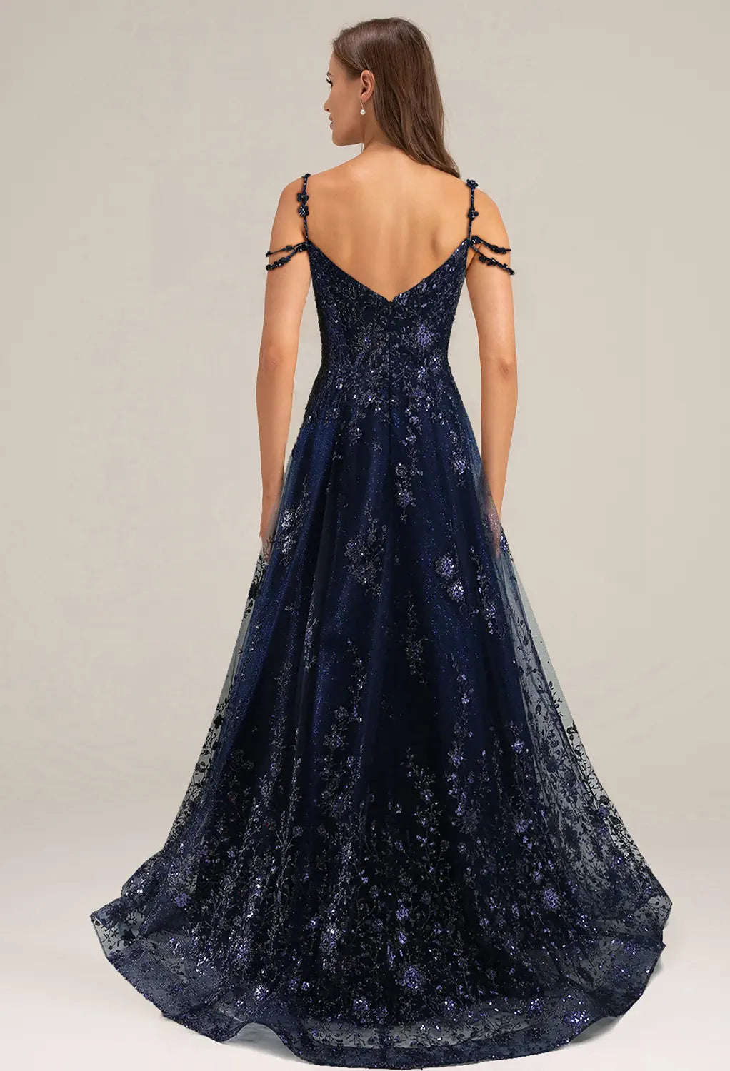 A-line V-Neck Spaghetti Straps Floor Length Evening Dresses Sleeveless Appliques Affordable Strapless Prom Dresses