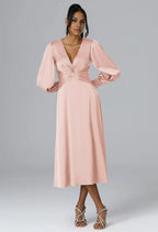 A-line V-Neck Tea Length Long Sleeves Prom Dresses Chic Ruching Discount Long Bridesmaid Dresses