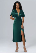 A-line V-Neck Tea Length Short Sleeves Prom Dresses Chic Ruching Discount Long Bridesmaid Dresses With Slit