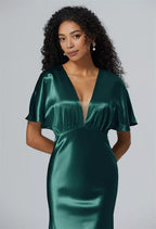 A-line V-Neck Tea Length Short Sleeves Prom Dresses Chic Ruching Discount Long Bridesmaid Dresses With Slit