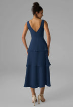 A-line V-Neck Tea Length Short Sleeves Prom Dresses Chic Tiered Affordable Prom Dresses