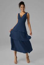 A-line V-Neck Tea Length Short Sleeves Prom Dresses Chic Tiered Affordable Prom Dresses