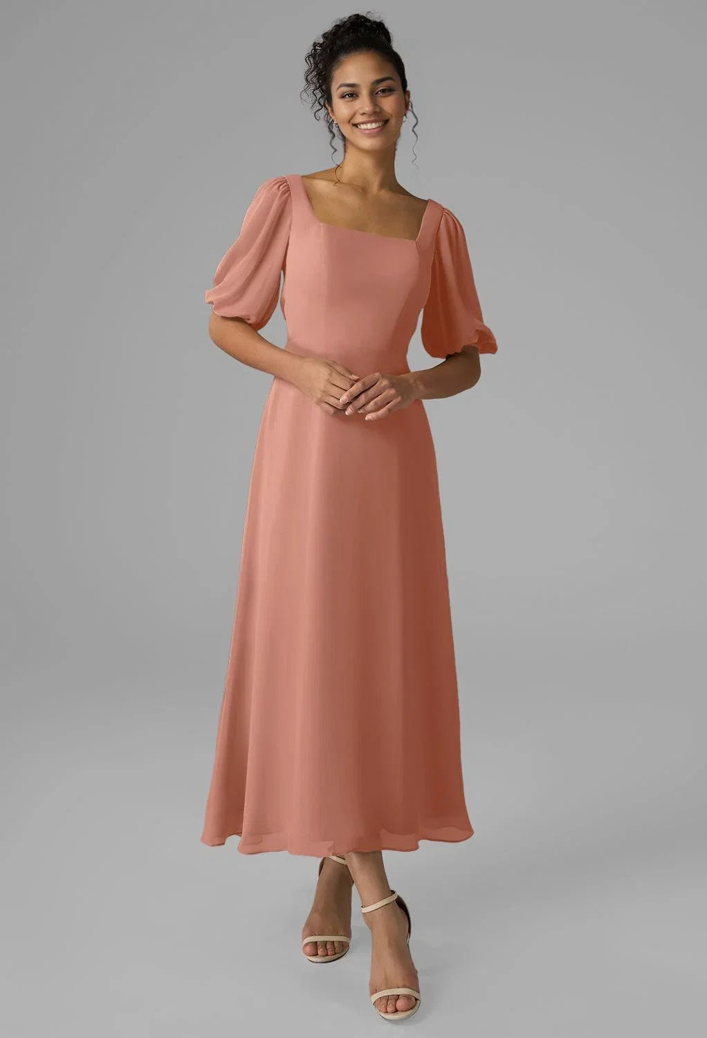 A-line Square Neckline Ankle Length Short Sleeves Prom Dresses Chic Ruching Simple Party Dresses