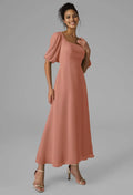 A-line Square Neckline Ankle Length Short Sleeves Prom Dresses Chic Ruching Simple Party Dresses