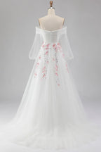 A Line Off Shoulder Floral Sequins Tulle White Maxi Prom Dress Hot Sale