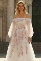 A Line Off Shoulder Floral Sequins Tulle White Maxi Prom Dress Hot Sale