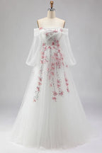 A Line Off Shoulder Floral Sequins Tulle White Maxi Prom Dress Hot Sale