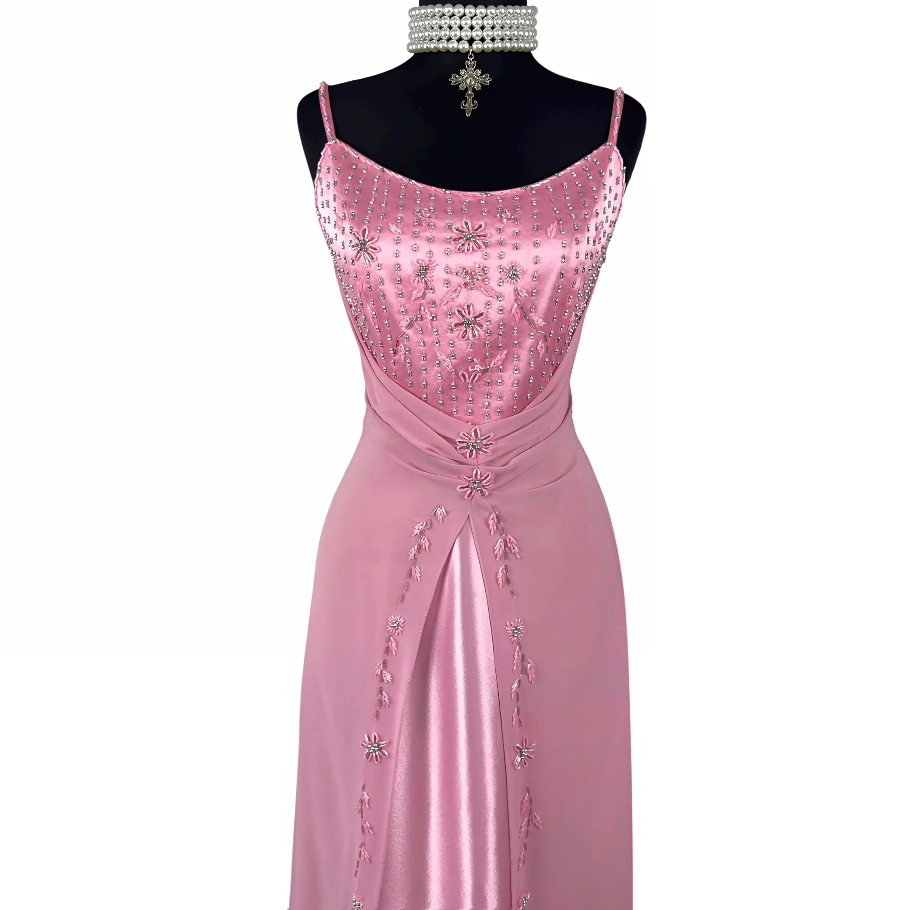Prom Dress A Line Beaded Satin Spaghetti Strap Light Pink Floor Length Glamorous Gown For Prom Goers