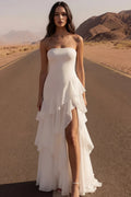 A Line Strapless Layered Ruffled Ivory Maxi Wedding Dress With Slit