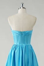 A Line Sweetheart Corset Sequin Beaded Blue Floor Length Prom Dress With Slit