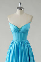 A Line Sweetheart Corset Sequin Beaded Blue Floor Length Prom Dress With Slit