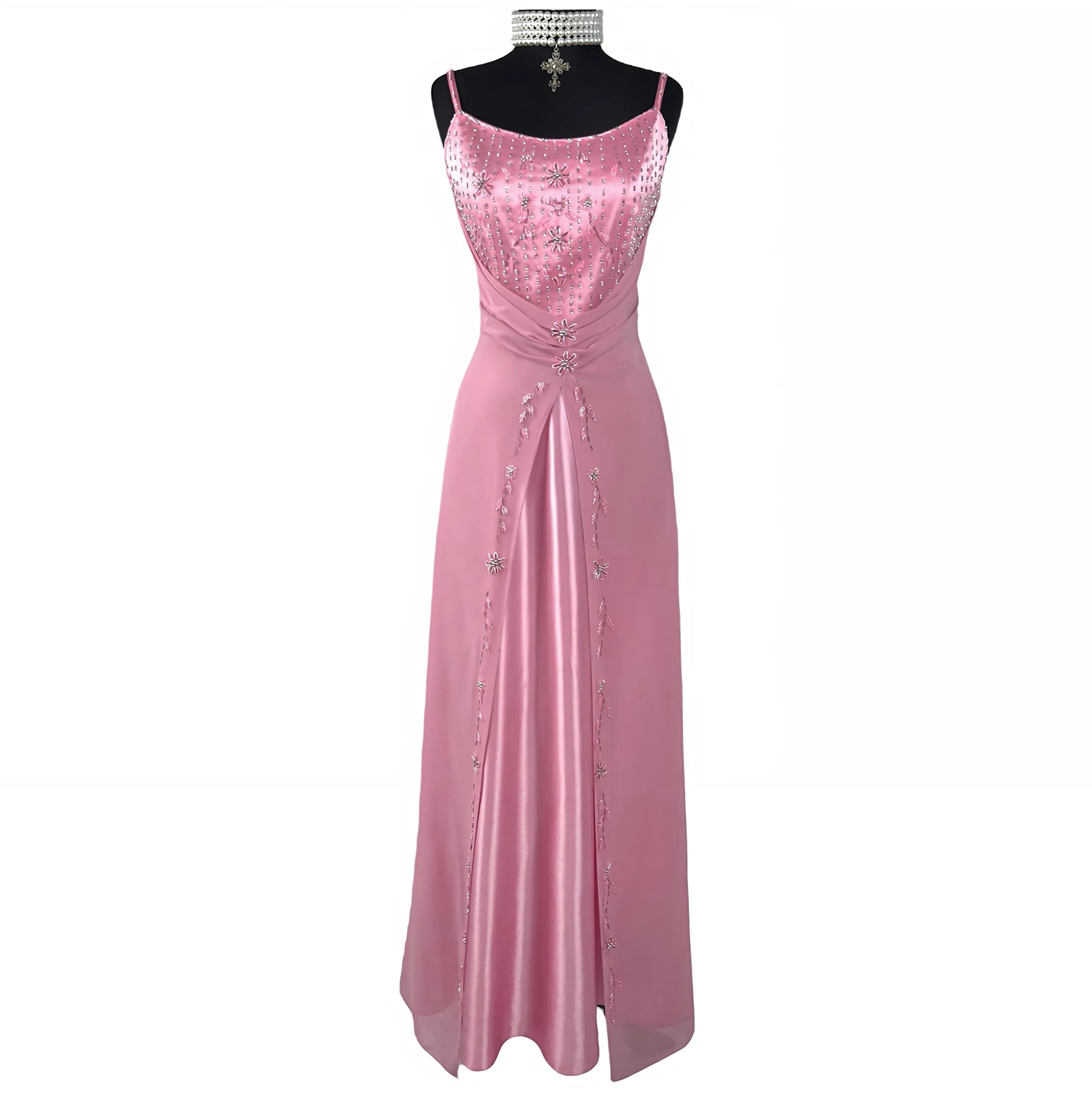 Prom Dress A Line Beaded Satin Spaghetti Strap Light Pink Floor Length Glamorous Gown For Prom Goers