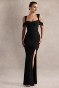 Absorbing Mermaid Cold Shoulder Cowl Neck Ruched High Slit Floor Length Evening Dress