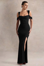 Absorbing Mermaid Cold Shoulder Cowl Neck Ruched High Slit Floor Length Evening Dress