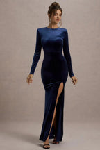 Absorbing Mermaid Crew Neck Long Sleeve Back Zipper High Slit Floor Length Evening Dress
