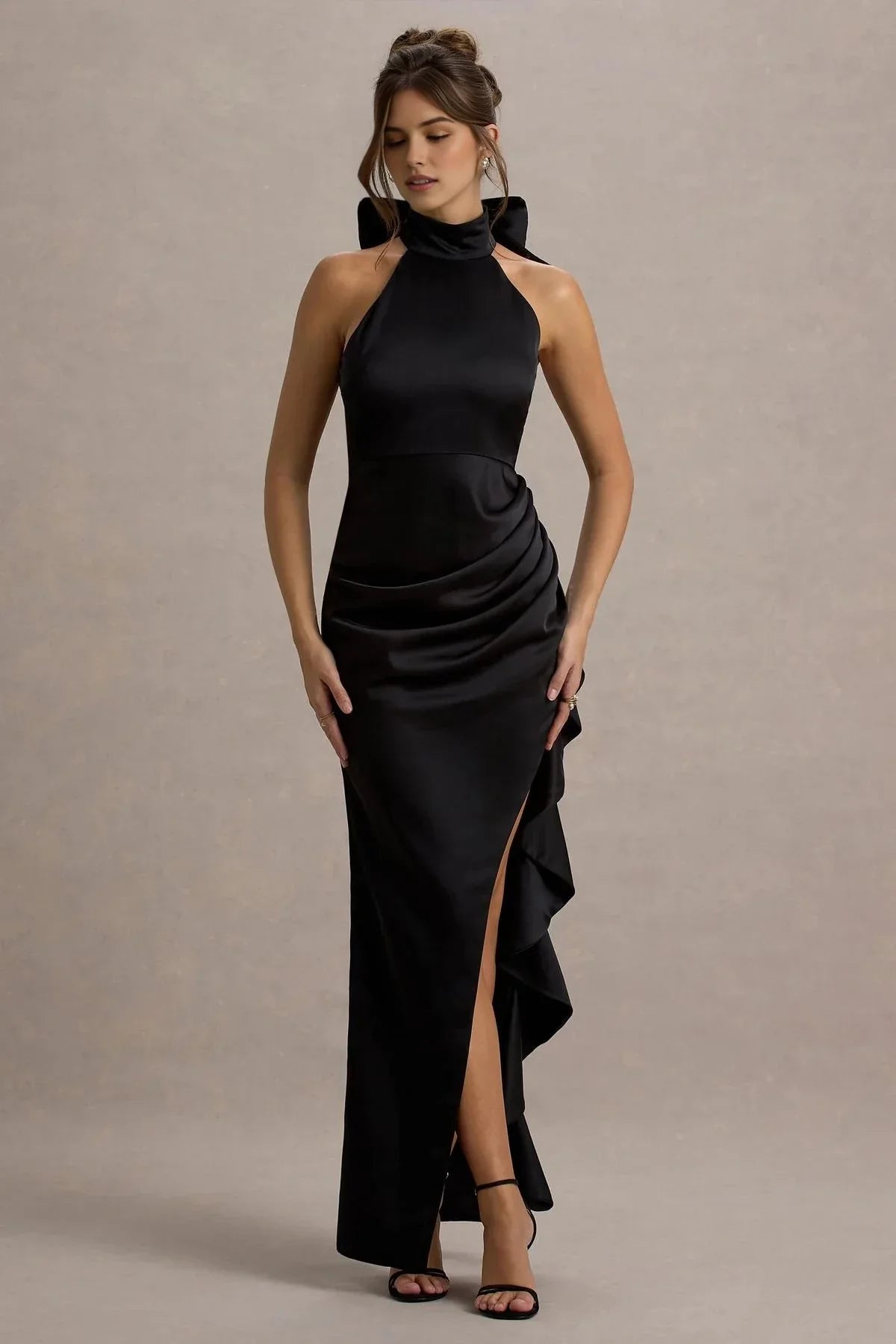 Absorbing Mermaid Halter Neck Sleeveless Bow Back High Slit Floor Length Evening Dress