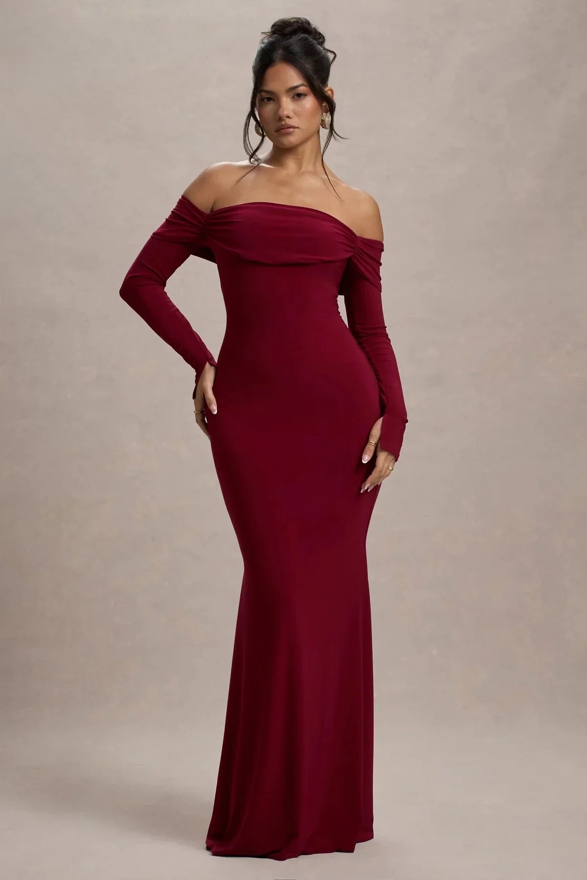 Absorbing Mermaid Off Shoulder Long Sleeve Ruched Back Floor Length Evening Dress