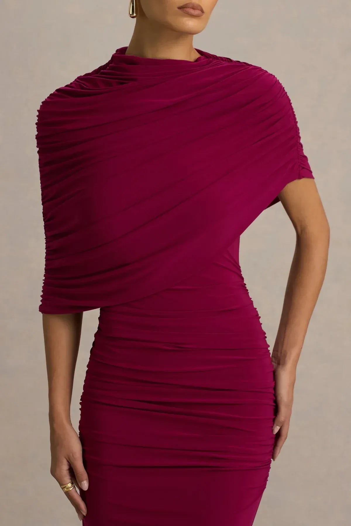 Absorbing Sheath Draped Neck Asymmetrical Sleeve Ruched Back Floor Length Evening Dress