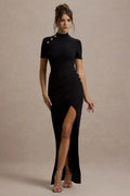 Absorbing Sheath Mock Neck Short Sleeve Button Detail High Slit Floor Length Evening Dress