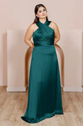 Affordable A-Line Halter Neck Sleeveless Floor-Length Plus Size Prom Dress