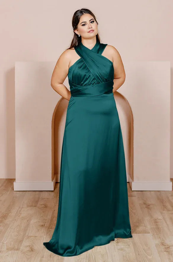 Affordable A-Line Halter Neck Sleeveless Floor-Length Plus Size Prom Dress