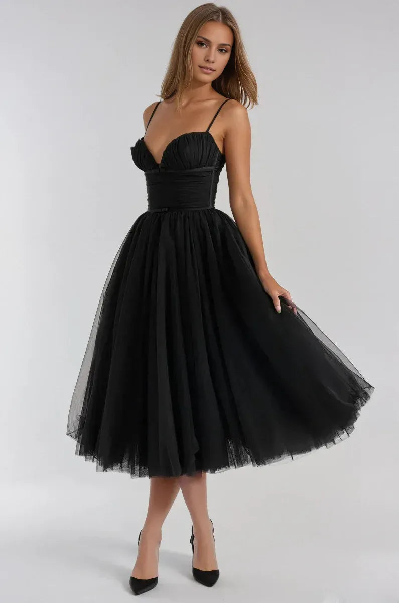 Affordable A-Line Spaghetti Straps Sleeveless Tea-Length Prom Dress