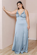 Affordable A-Line V Neck Sleeveless Floor-Length Plus Size Prom Dress