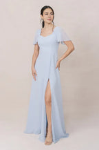 Affordable A-line Sweetheart Neck Flutter Sleeve Back Zipper Ankle-Length Bridesmaid Dress