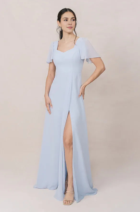 Affordable A-line Sweetheart Neck Flutter Sleeve Back Zipper Ankle-Length Bridesmaid Dress