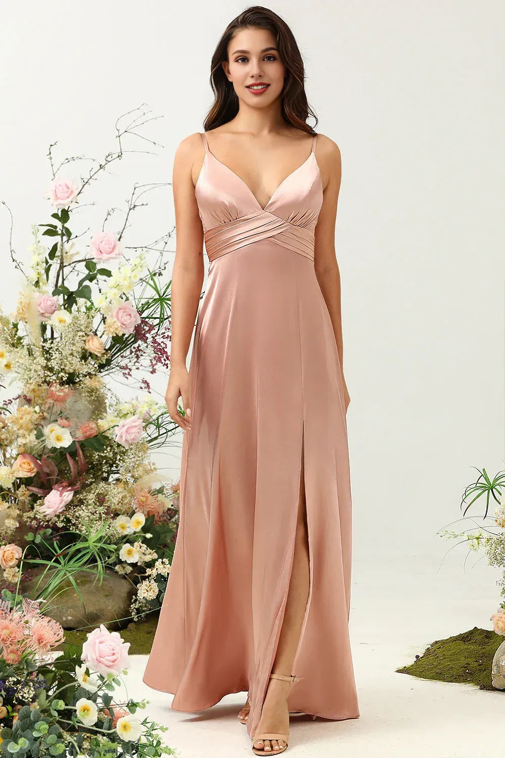 Affordable A Line Spaghetti Straps Sleeveless Slit Floor-Length Prom Dress