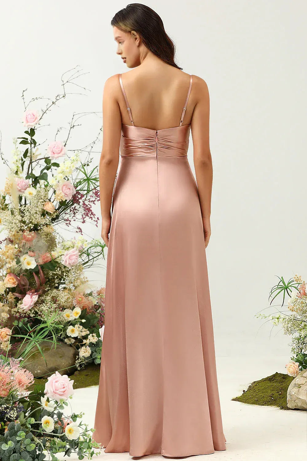 Affordable A Line Spaghetti Straps Sleeveless Slit Floor-Length Prom Dress