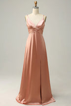 Affordable A Line Spaghetti Straps Sleeveless Slit Floor-Length Prom Dress