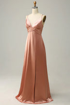 Affordable A Line Spaghetti Straps Sleeveless Slit Floor-Length Prom Dress