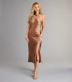 Affordable Curve-hugging Halter Neck Sleeveless Low Cowl Back Midi Length Prom Dress