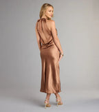 Affordable Curve-hugging Halter Neck Sleeveless Low Cowl Back Midi Length Prom Dress