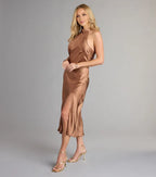 Affordable Curve-hugging Halter Neck Sleeveless Low Cowl Back Midi Length Prom Dress