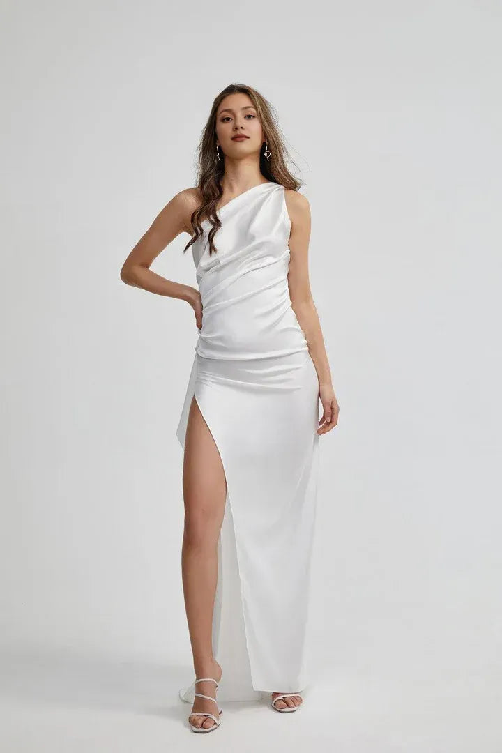 Affordable Fitted One Shoulder Sleeveless Floor-Length Wedding Dress