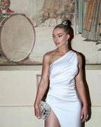 Affordable Fitted One Shoulder Sleeveless Floor-Length Wedding Dress