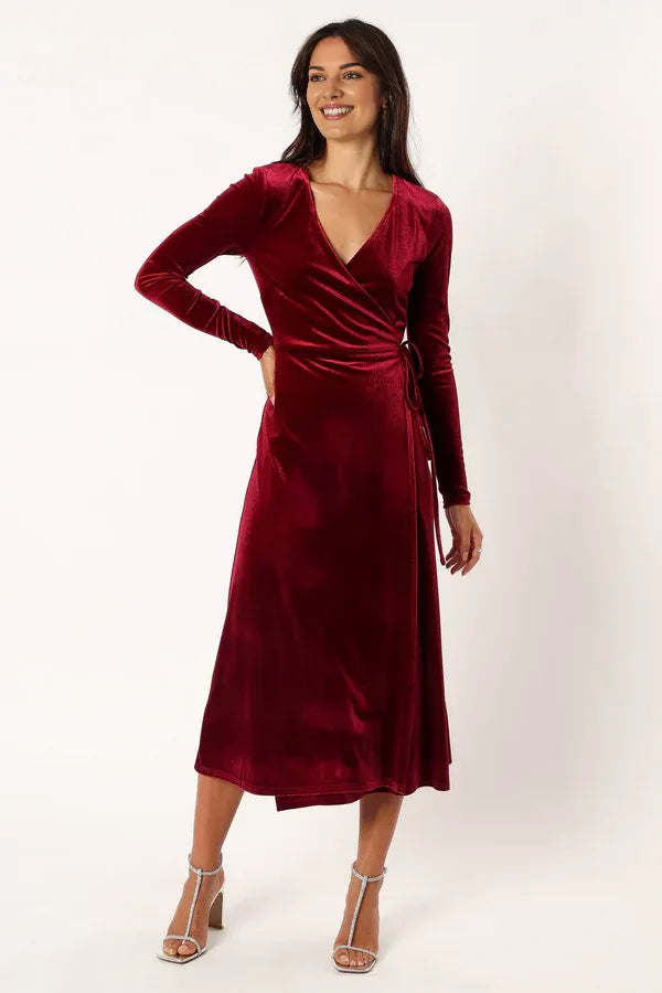 Affordable Fitted V Neck Long Sleeve Ankle-Length Prom Dress