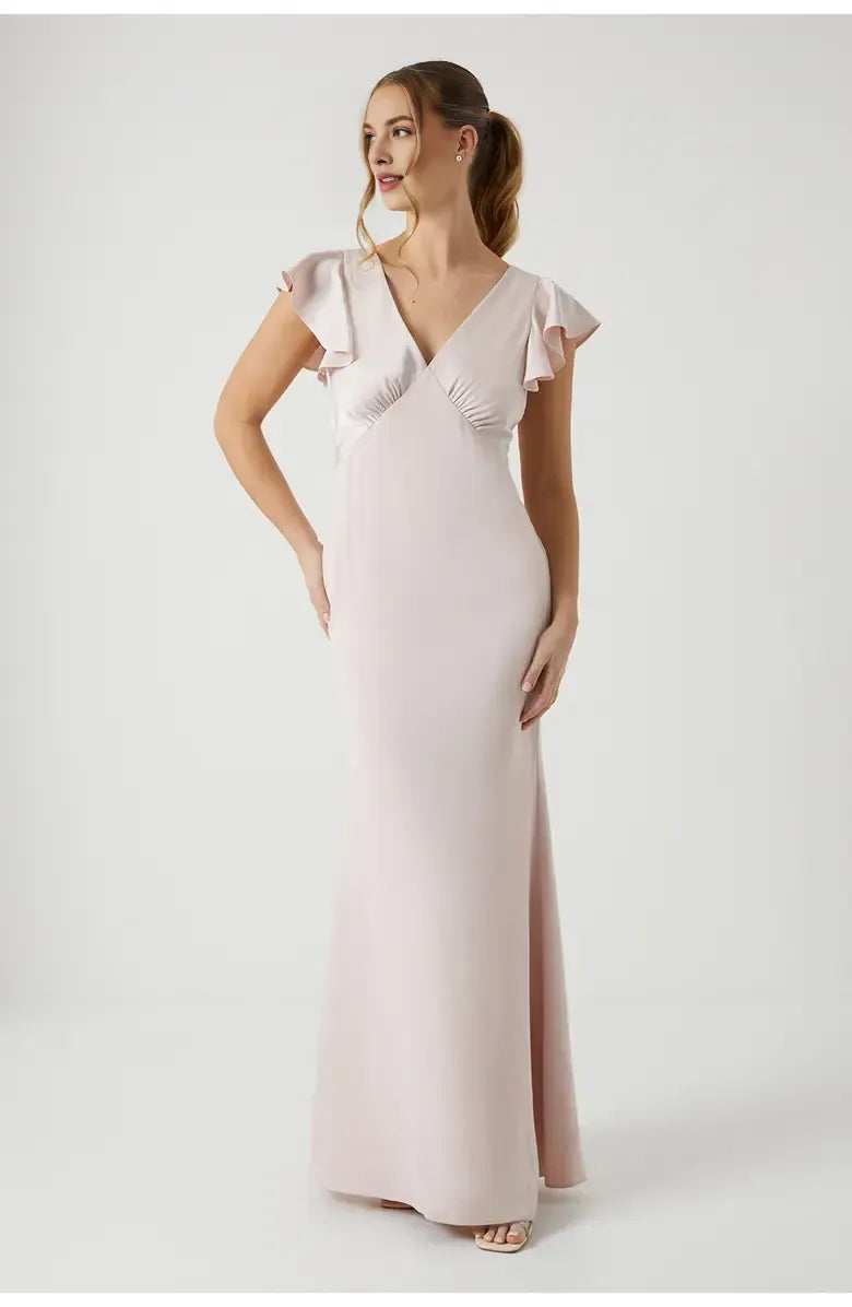 Affordable Fitted V Neck Short Sleeve Floor-Length Prom Dress