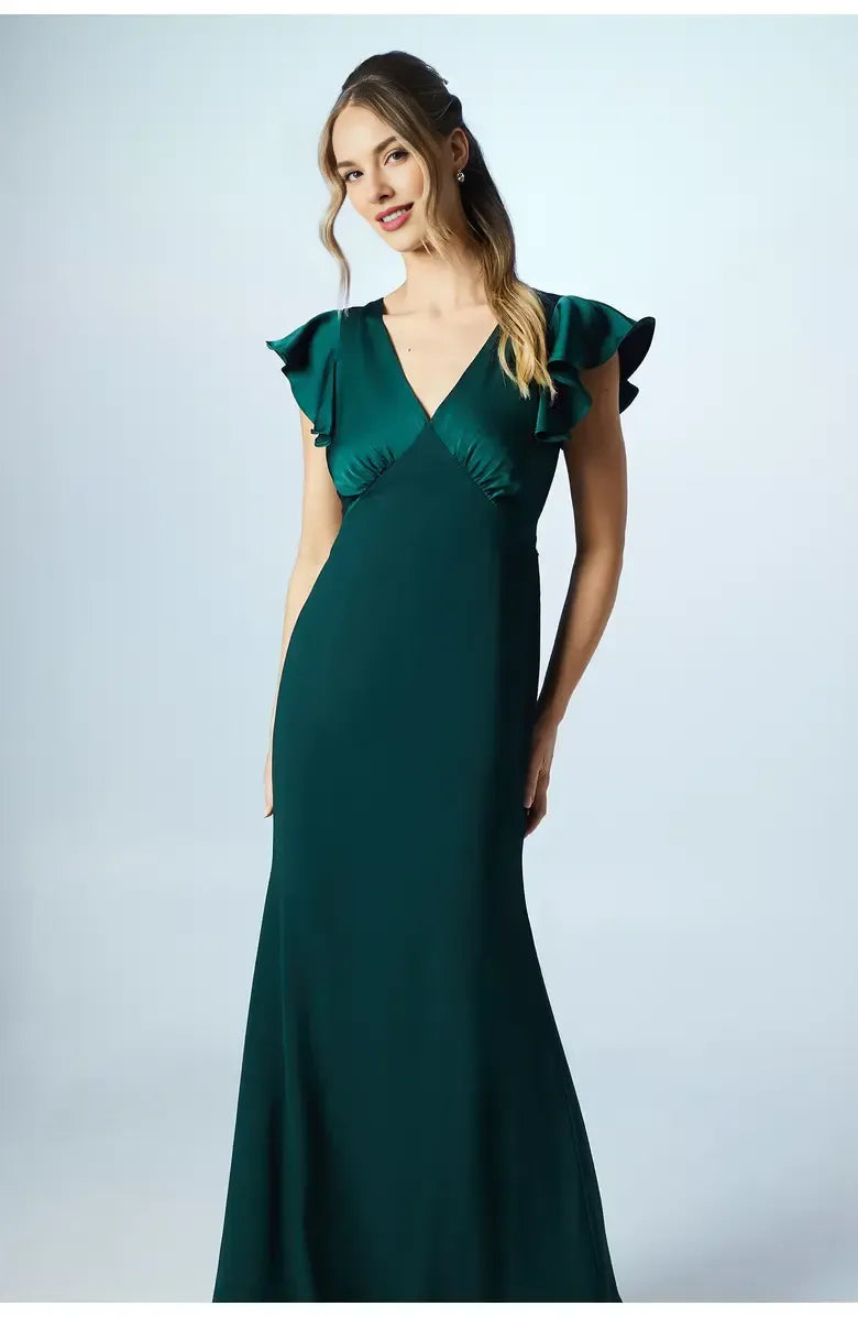 Affordable Fitted V Neck Short Sleeve Floor-Length Prom Dress